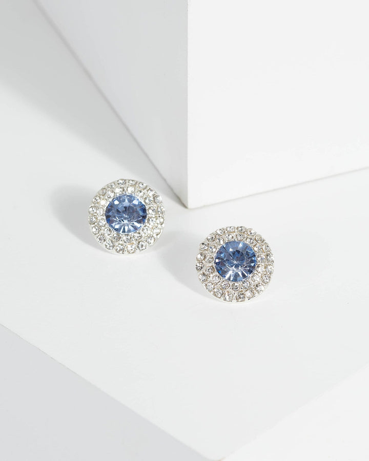 Blue Glitzy Disc With Stone Stud Earrings | Earrings