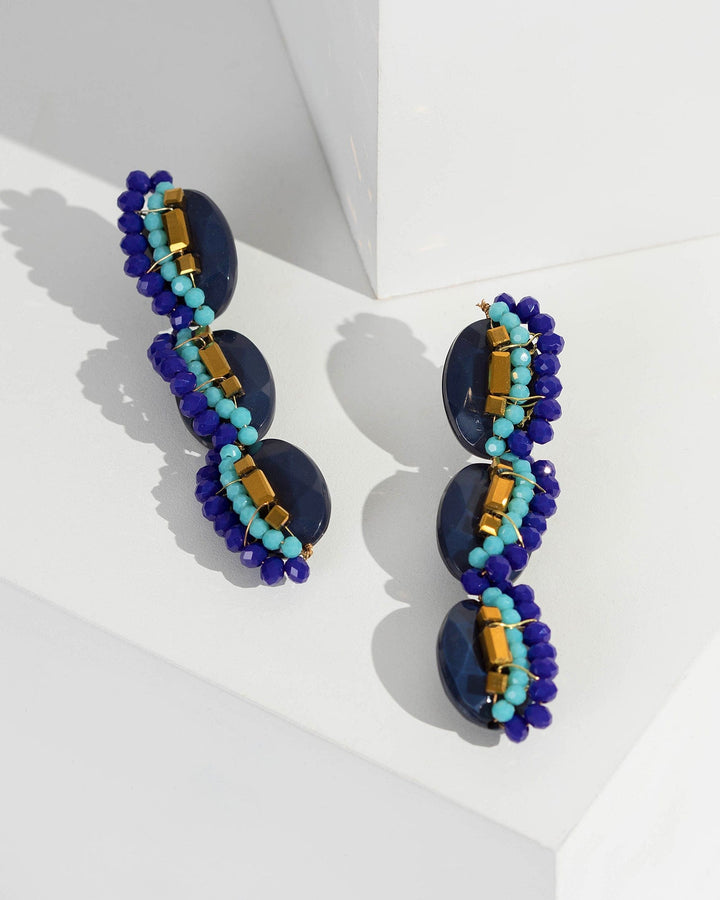 Blue Hand Beaded Cluster Stud Earrings | Earrings