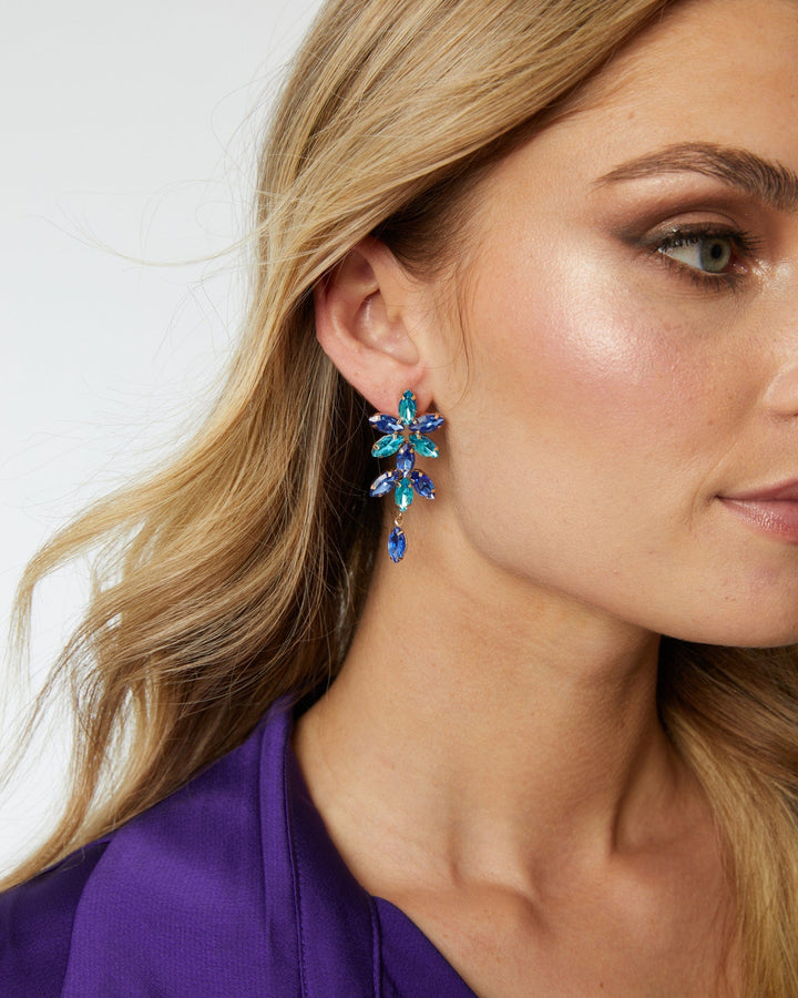Blue Multi Crystal Flower Detail Drop Earrings | Earrings