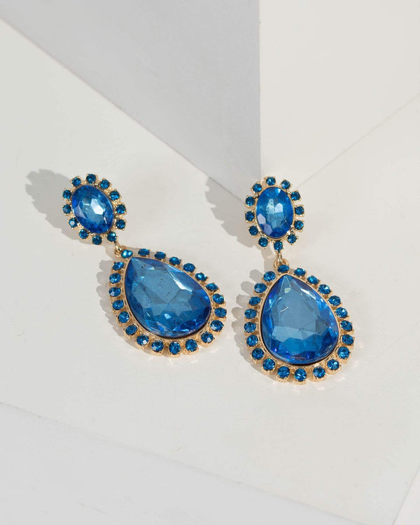 Blue Round And Teardrop Crystal Earrings | Earrings