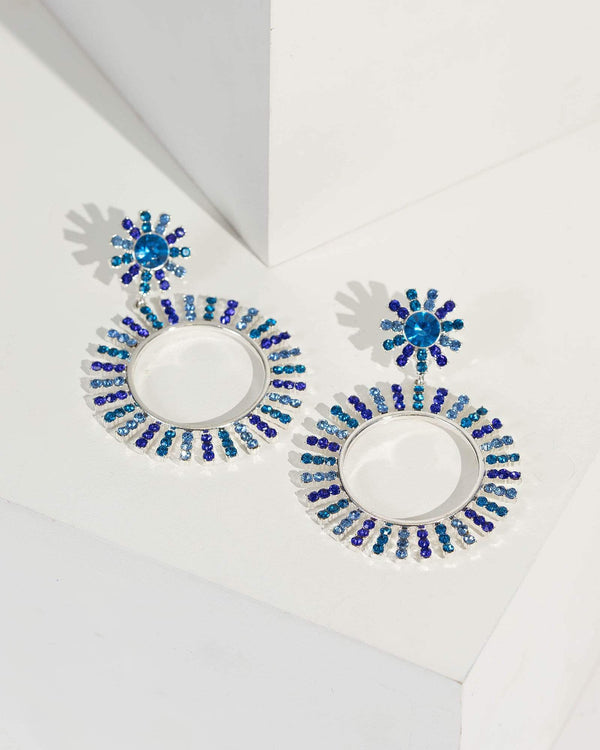 Blue Round Multi Crystal Drop Earrings | Earrings