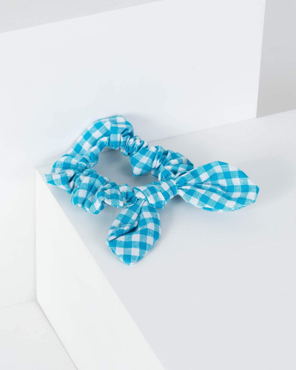 Blue Small Checkered Fabric Scrunchie | Accessories