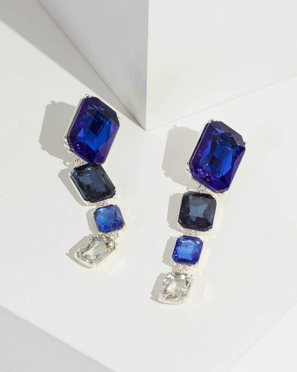 Blue Square Crystal Multi Row Drop Earrings | Earrings