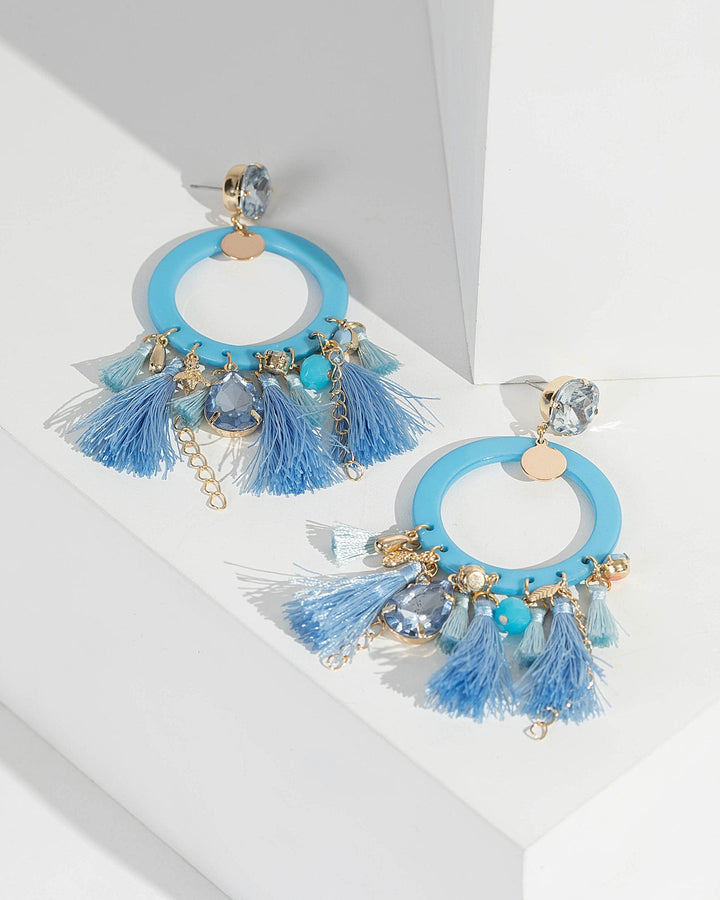 Blue Statement Charm Tassel Drop Earrings | Earrings