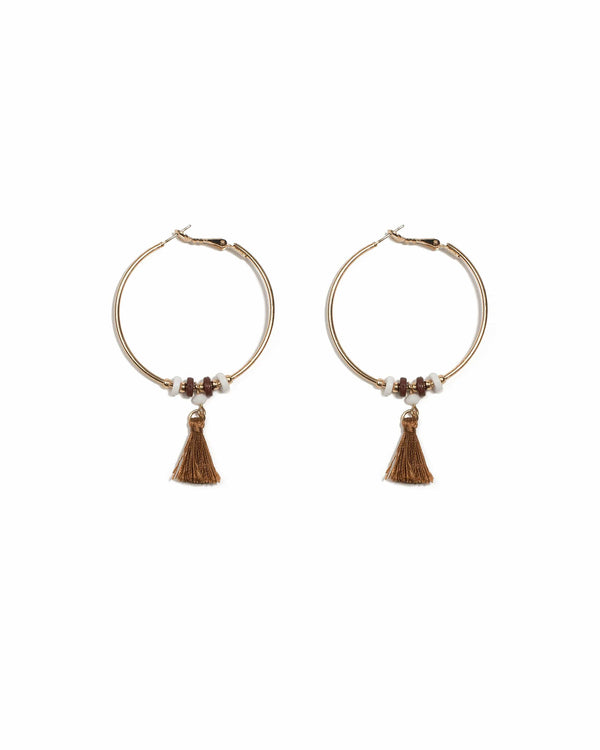 Colette by Colette Hayman Brown Gold Tone Bead And Tassel Hoop Earrings