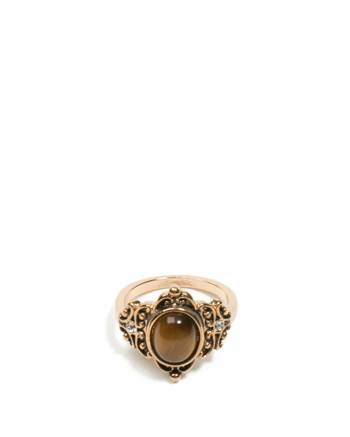 Colette by Colette Hayman Brown Gold Tone Filigree Edge Cocktail Ring - Medium