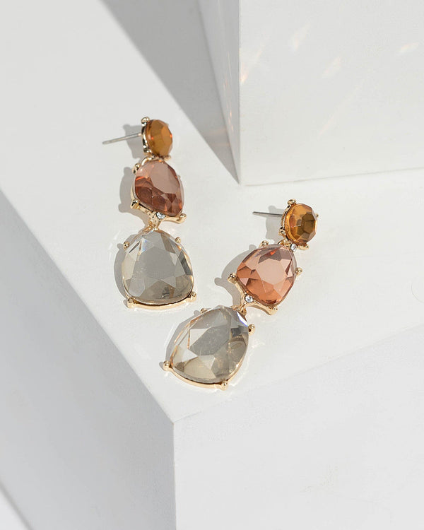 Brown Triple Rounded Crystal Drop Earrings | Earrings