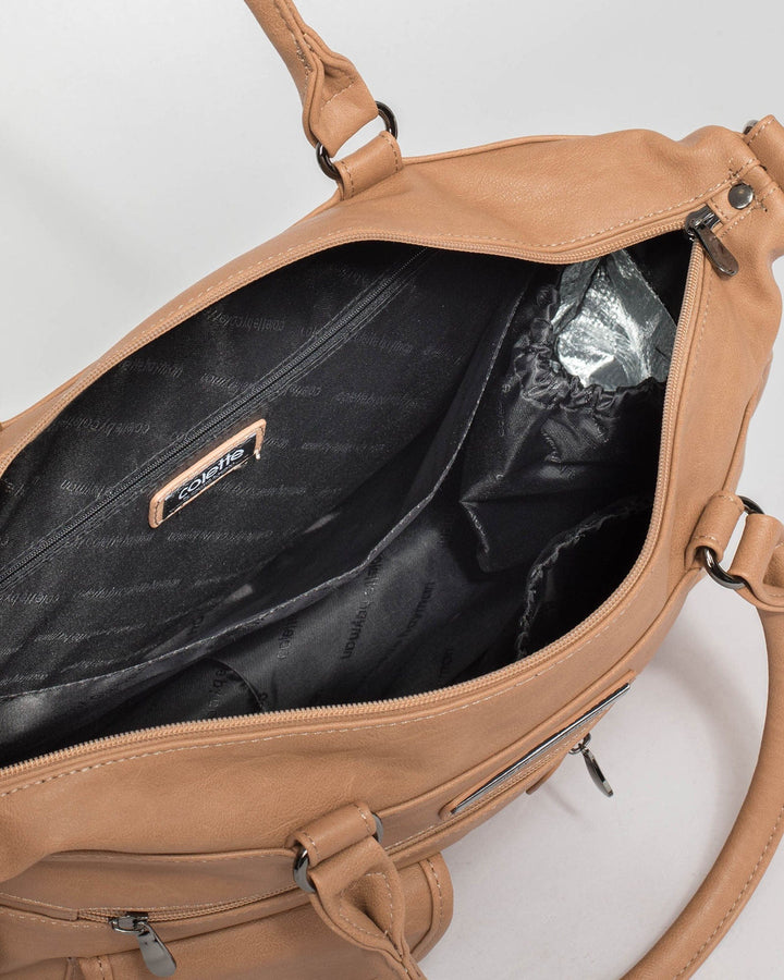 Caramel Pocket And Zip Baby Bag With Gunmetal Hardware | Baby Bags