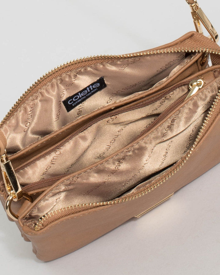 Caramel Triple Pocket Crossbody Bag | Crossbody Bags