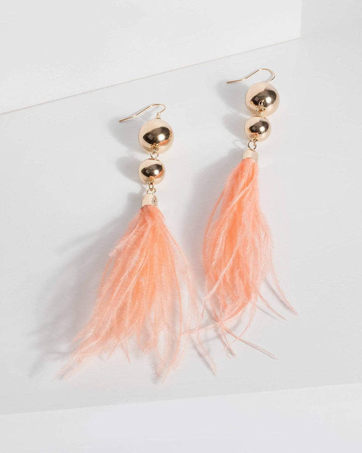 Coral Ball Drop Feather Earrings | Earrings