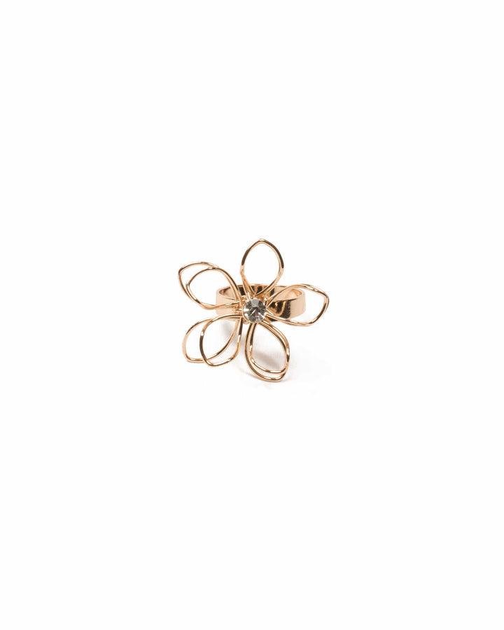 Colette by Colette Hayman Crystal Gold Tone Metal Flower Cocktail Ring - Medium