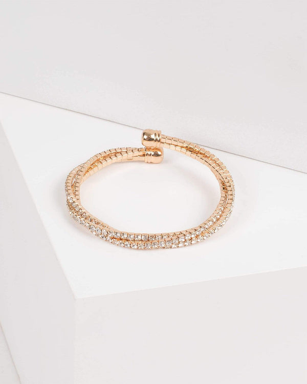 Crystal Gold Tone Twist Diamante Cuff Bracelet | Wristwear