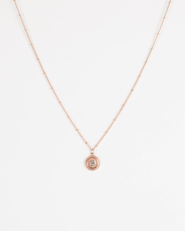 Crystal Rose Gold Tone Diamante Patterned Coin Necklace | Necklaces