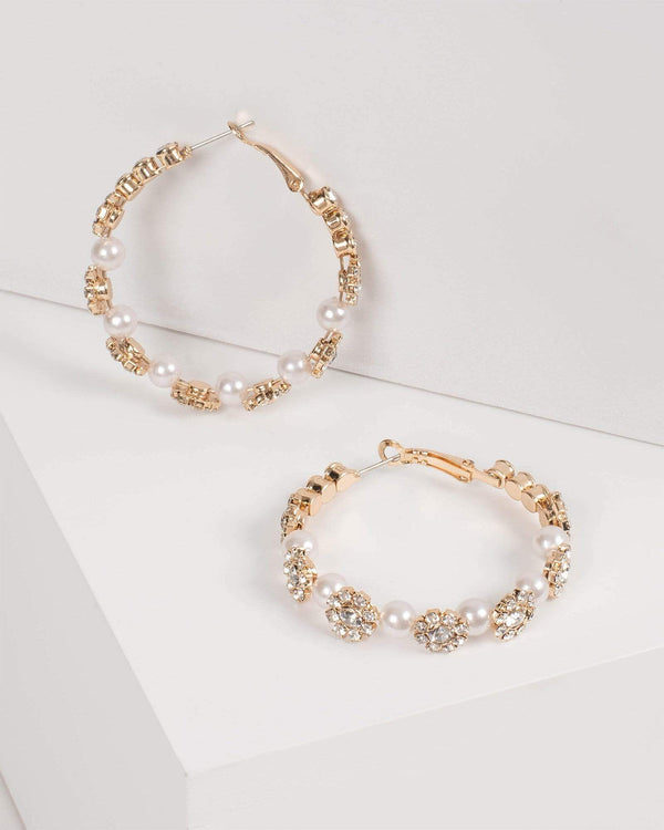 Diamante Flower Pearl Hoop Earrings | Earrings