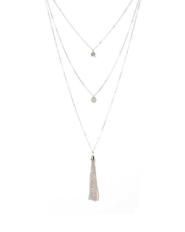 Colette by Colette Hayman Diamante Stone Disc Tassel 3 Row Necklace