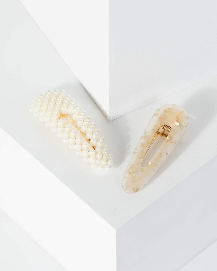 Gold 2 Pack Acrylic And Pearl Detail Hair Clip | Accessories