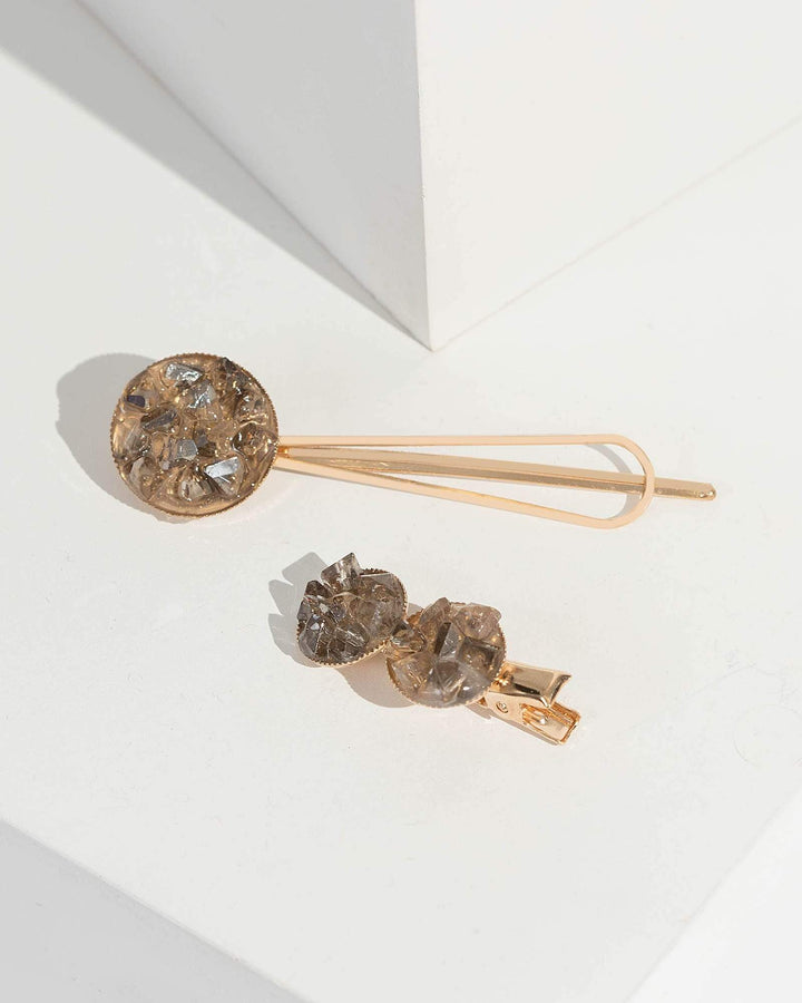 Gold 2 Pack Crushed Stone Hair Slides | Hair Accessories