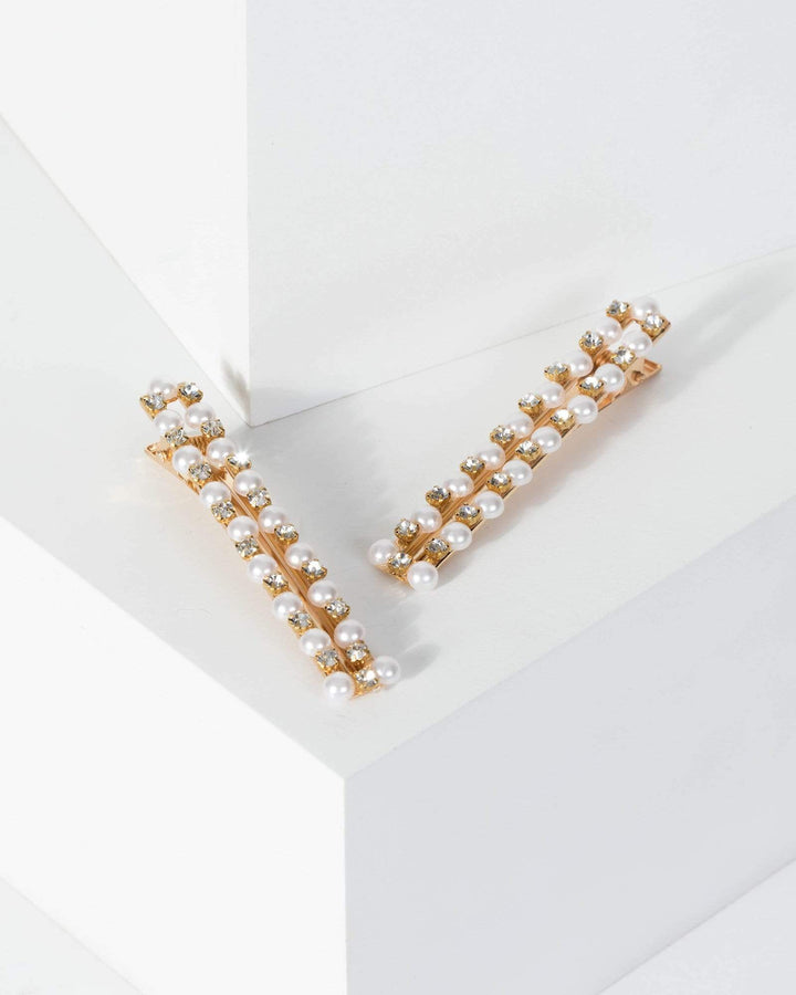 Gold 2 Pack Long Pearl And Diamante Hair Slides | Accessories