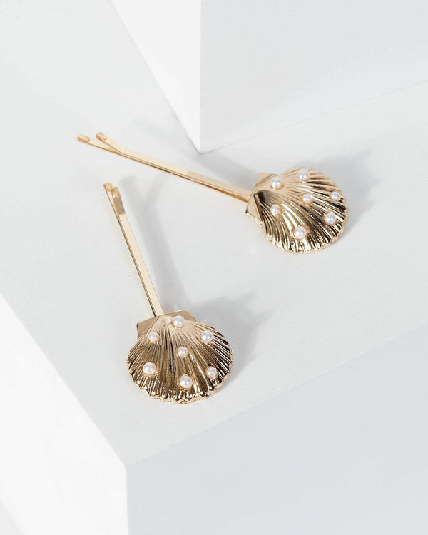 Gold 2 Pack Shell Pearl Detail Hair Slides | Accessories