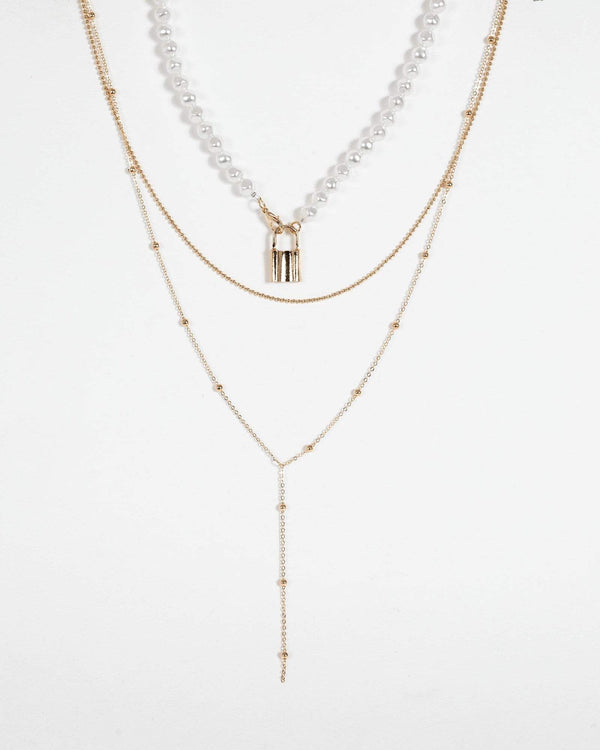 Gold 3 Layer Pearl Lock Necklace | Necklaces