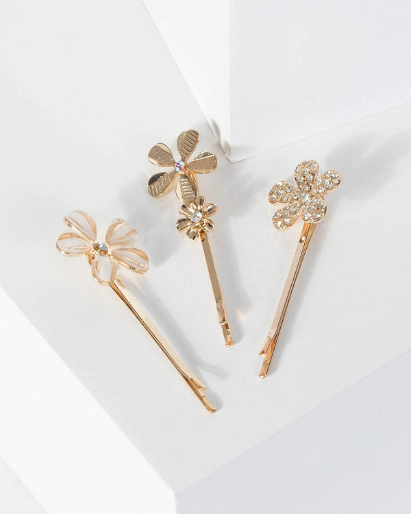Gold 3 Pack Diamante Flower Hair Clip | Accessories