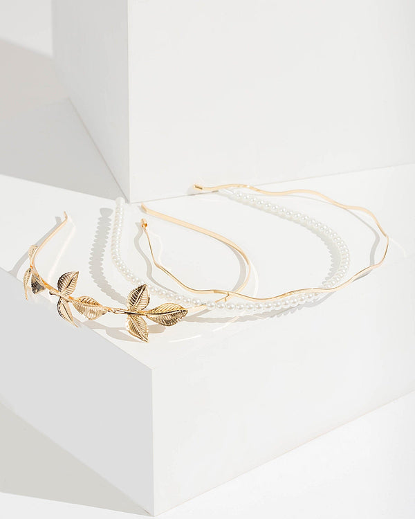 Colette by Colette Hayman Gold 3 Pack Leaf And Pearl Headbands