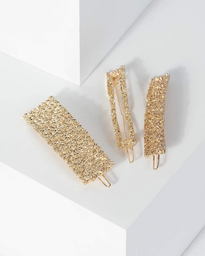 Gold 3 Pack Long Textured Hair Clip | Accessories