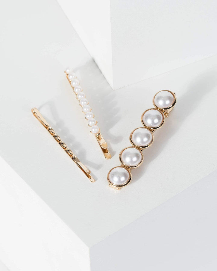 Gold 3 Pack Pearl And Twisted Metail Hair Slides | Accessories