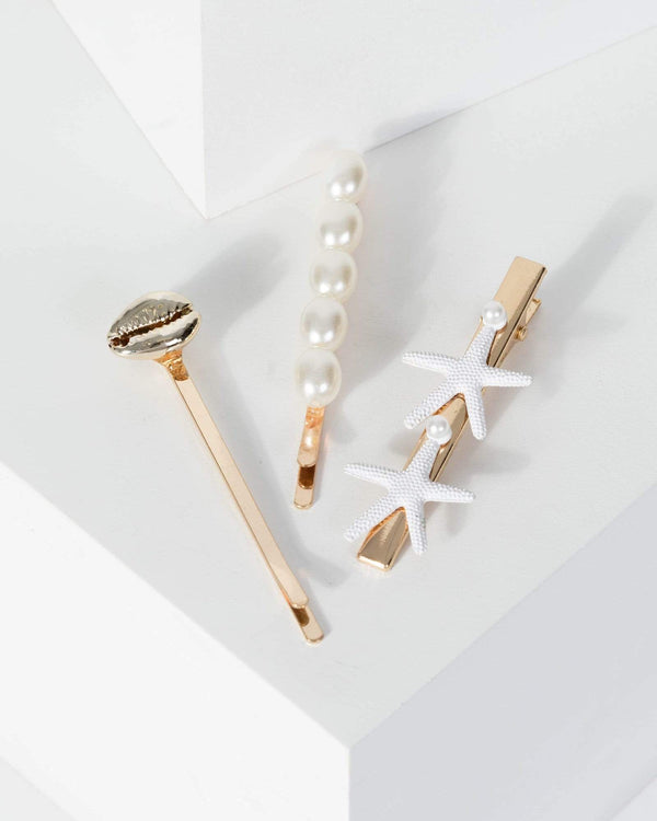 Gold 3 Pack Starfish And Pearl Hair Slides | Accessories