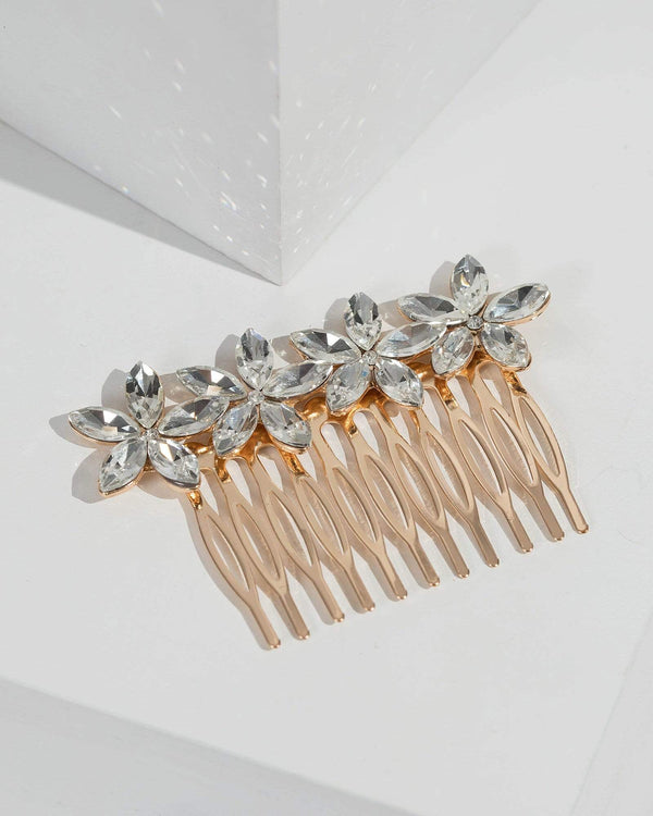 Gold 4 Crystal Flower Comb | Hair Accessories