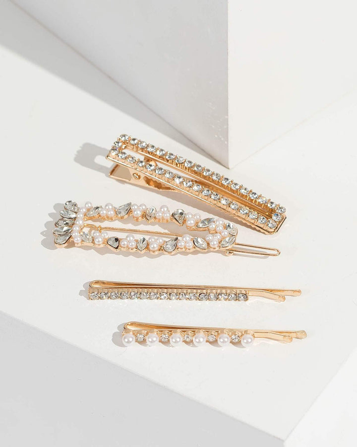Gold 4 Pack Pearl And Crystal Hair Slides | Hair Accessories