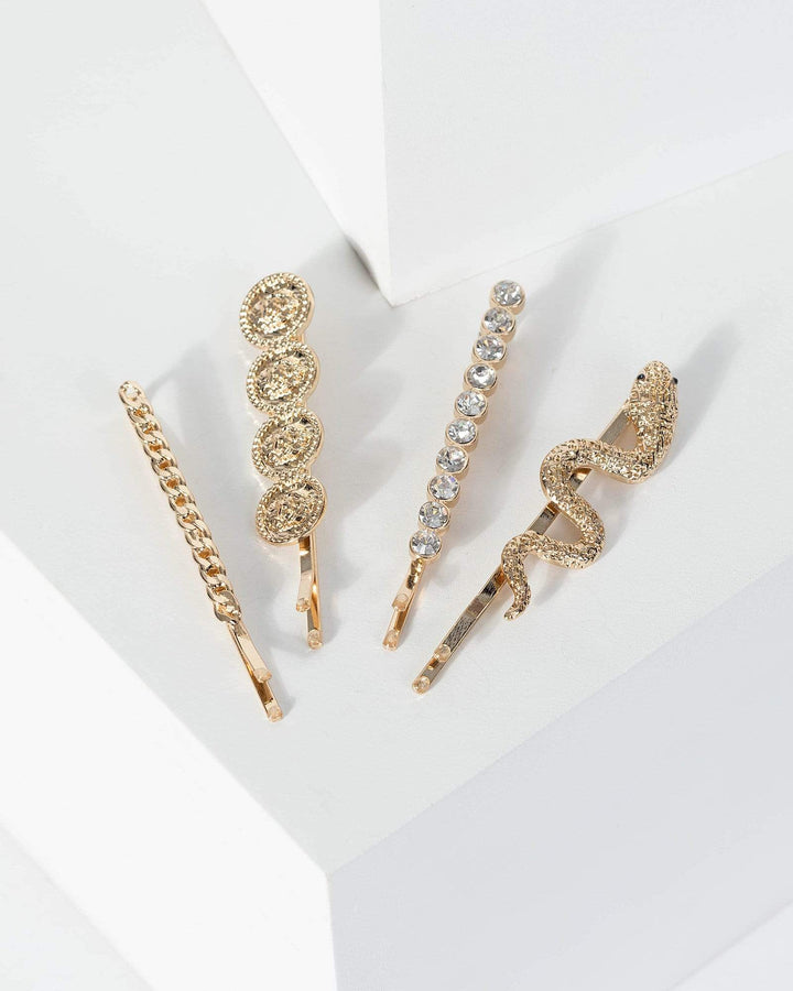 Gold 4 Pack Snake And Chain Hair Slides | Accessories