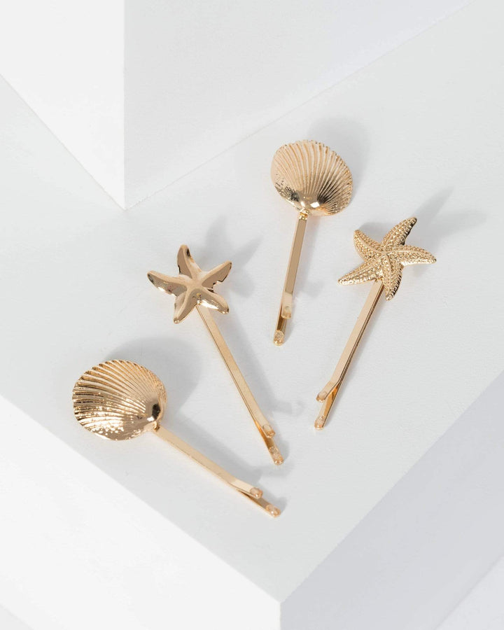 Gold 4 Pack Starfish And Shell Hair Slides | Accessories