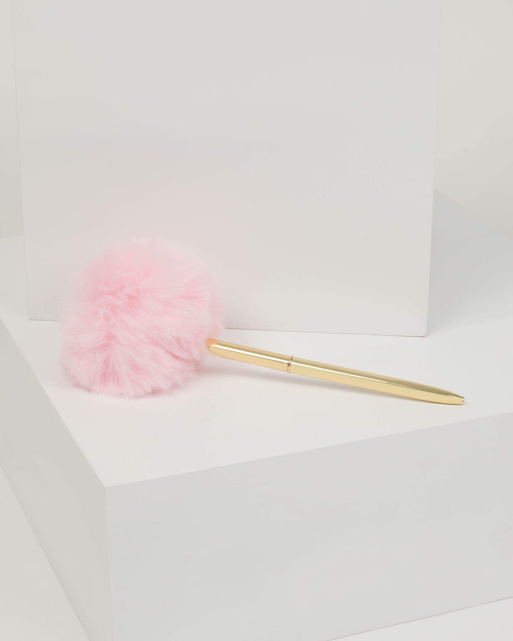 Gold and Pink Fluffy Pom Pom Pen | Accessories