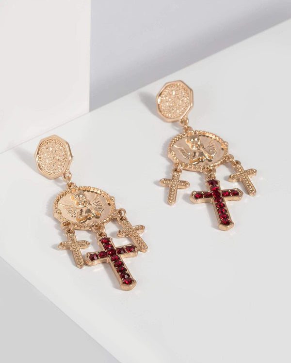 Gold Angel Crystal Cross Drop Earrings | Earrings