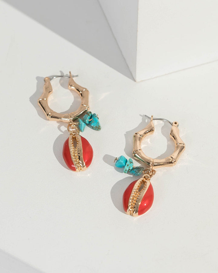 Gold Bamboo Style Hoop Shell Drop Earrings | Earrings