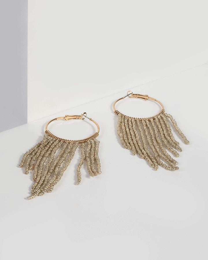 Gold Beaded Tassel Hoop Earrings | Earrings