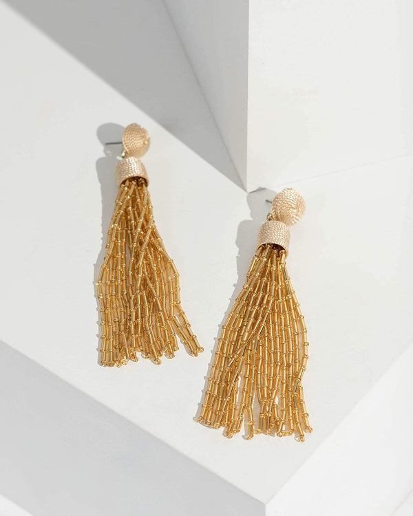 Gold Beaded Tassel Long Earrings | Earrings