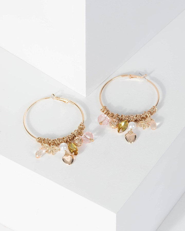 Gold Bee And Heart Charm Detail Hoop Earrings | Earrings