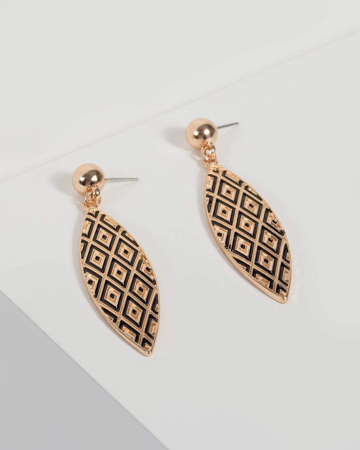 Gold Black Leaf Drop Earrings | Earrings