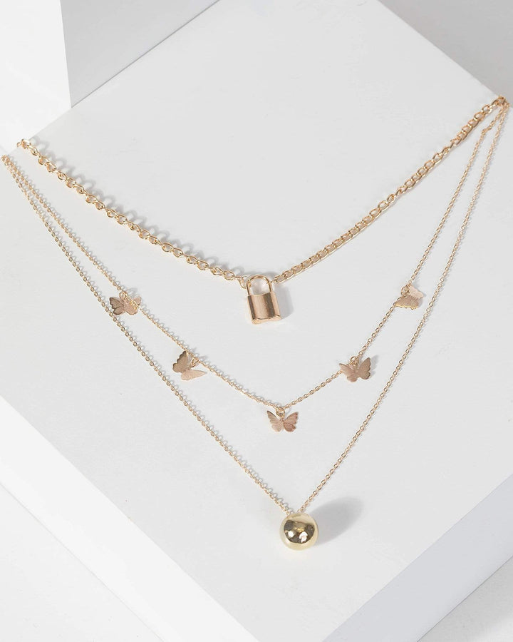 Gold Butterfly Lock And Sphere Necklace | Necklaces