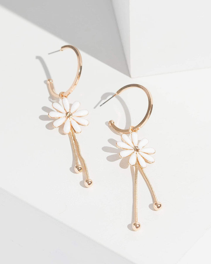 Gold Chain Daisy Detail Drop Hoop Earrings | Earrings