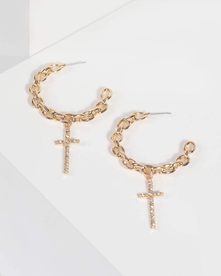 Gold Chain Hoop with Cross Earrings | Earrings