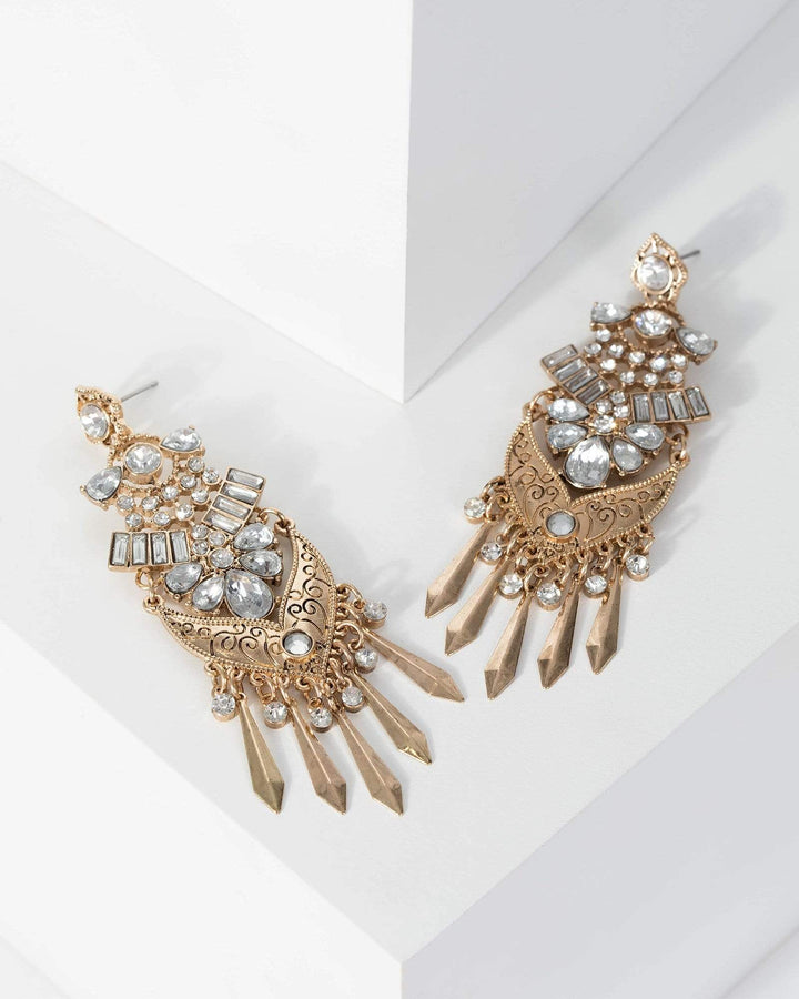 Gold Chandelier Encrusted Drop Earrings | Earrings