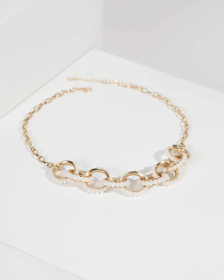 Gold Circular Pearl Link Chain Necklace | Necklaces
