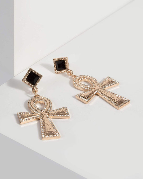 Gold Cleopatra Crystal Cross Drop Earrings | Earrings
