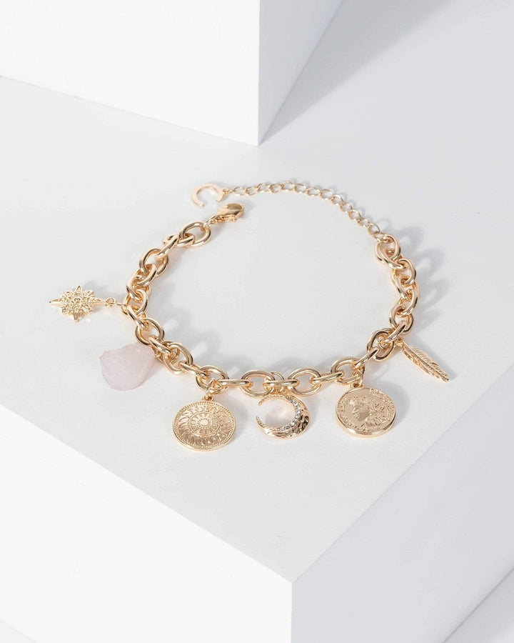 Gold Coin Feather Charm Bracelet | Wristwear