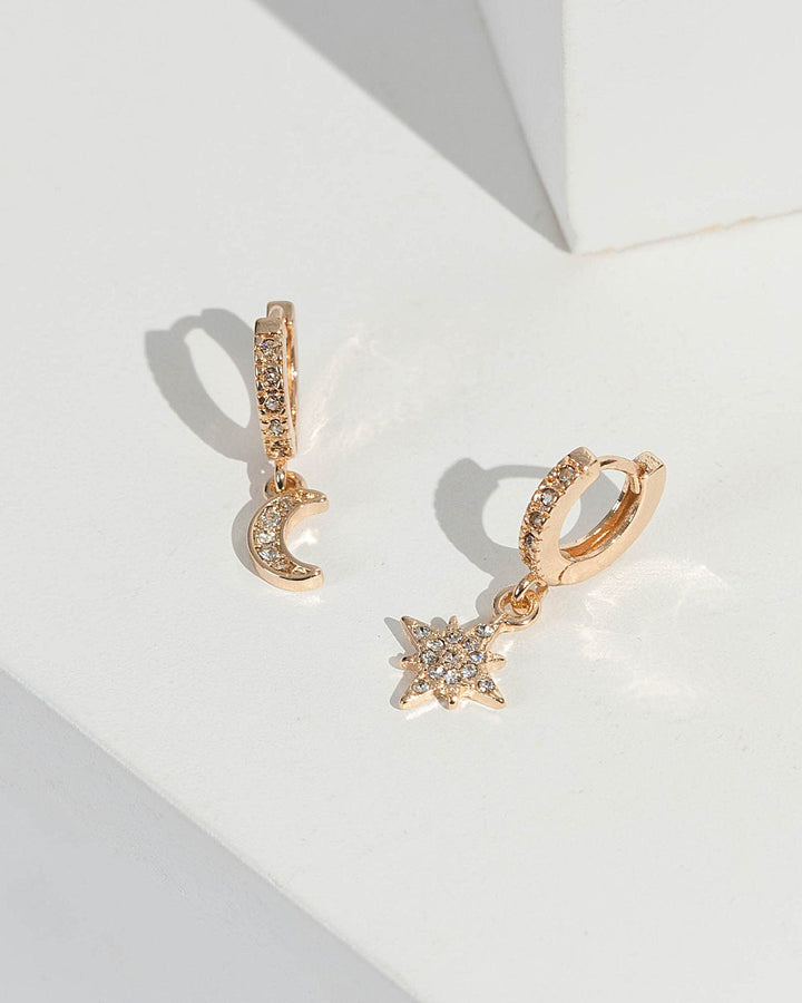 Gold Crescent And Star Crystal Hoop Earrings | Earrings