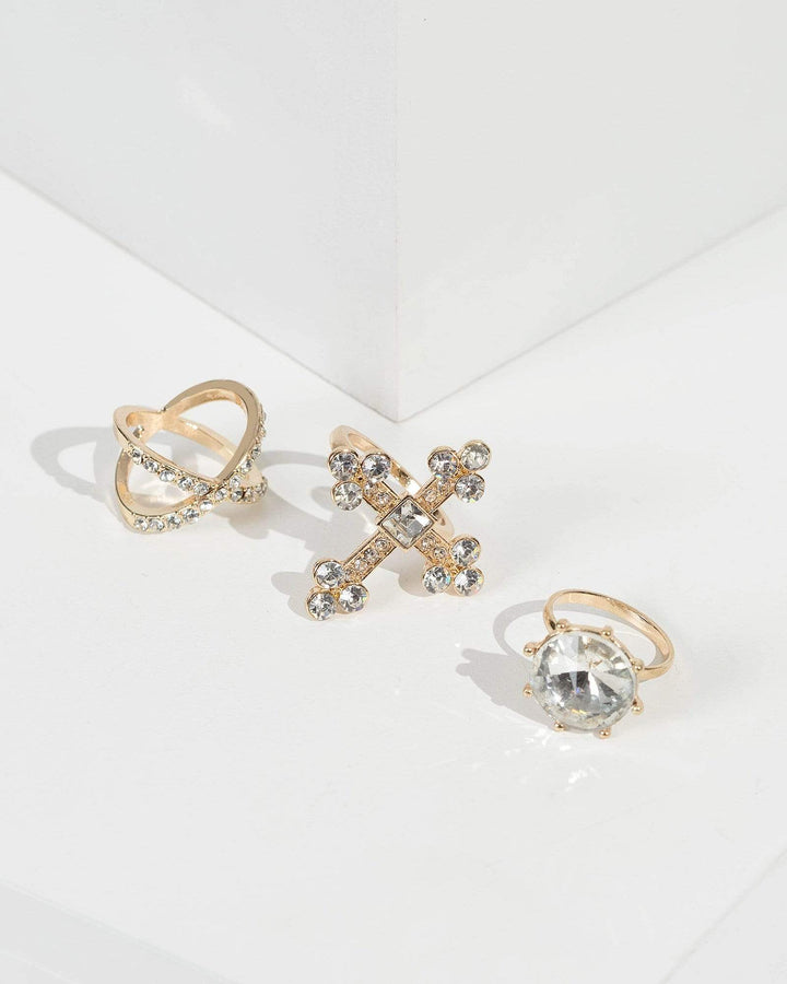 Gold Cross And Crystal Ring Set | Rings