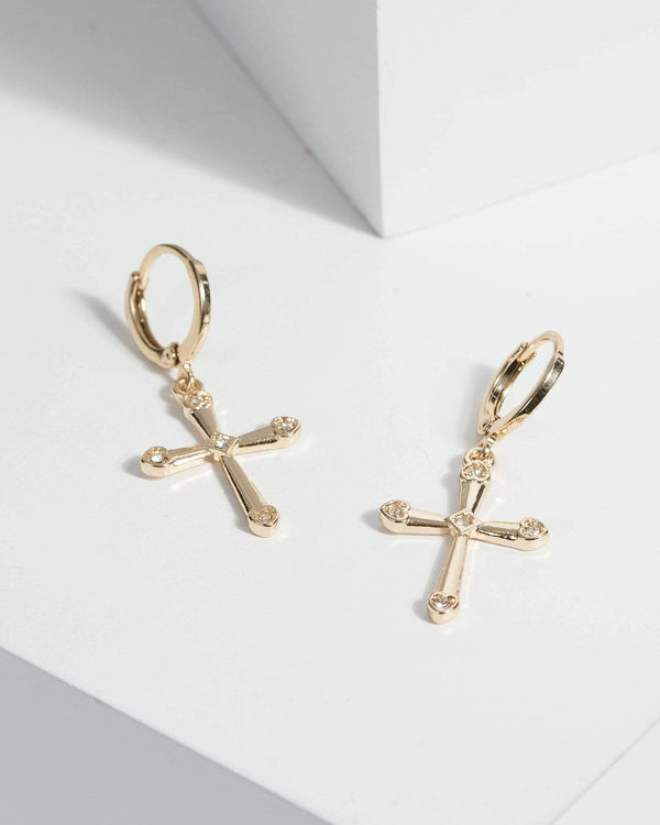 Gold Cross Drop Huggie Hoop Earrings | Earrings